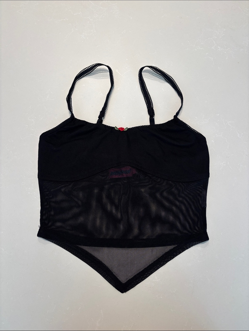Edikted Black Sheer Mesh Camisole Bodysuit with Rose Accent